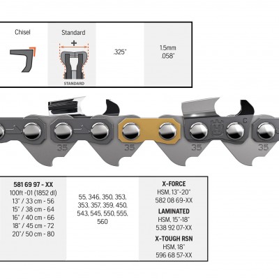 Цепь Husqvarna X-CUT C35, 13"/33 см, 0.325", 1.5 мм, 56DL (5816997-56)
