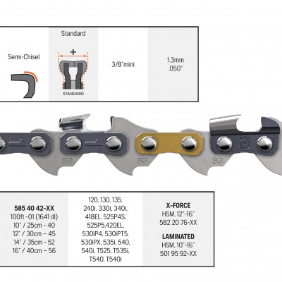 Цепь Husqvarna X-CUT S93G 14/35 см, 3/8 mini, 1.3 мм, 52DL (5854042-52)